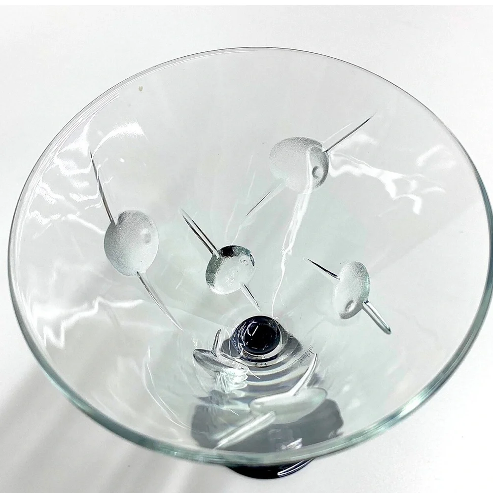 Vintage Barware Retro Raised Olive Martini Glass Set Clear Glass Black Stem